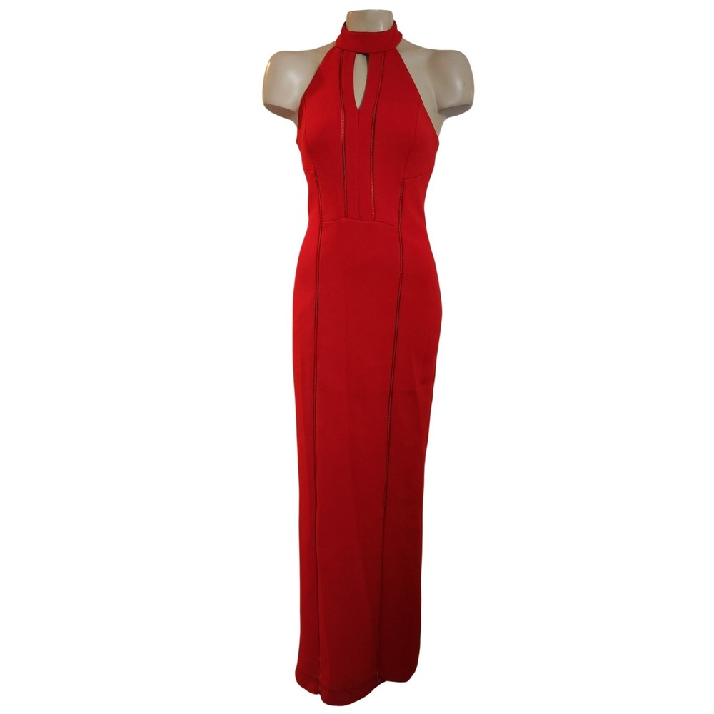 NICHOLAS Red Halter Neck Keyhole Maxi Dress Ladder Stitch Detail Formal Gown 4